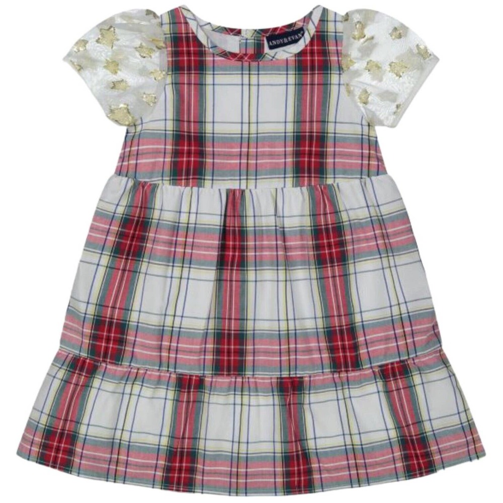 New Andy And Evan Little Girl's Holiday Plaid Stars Dress Gold Red 6Y